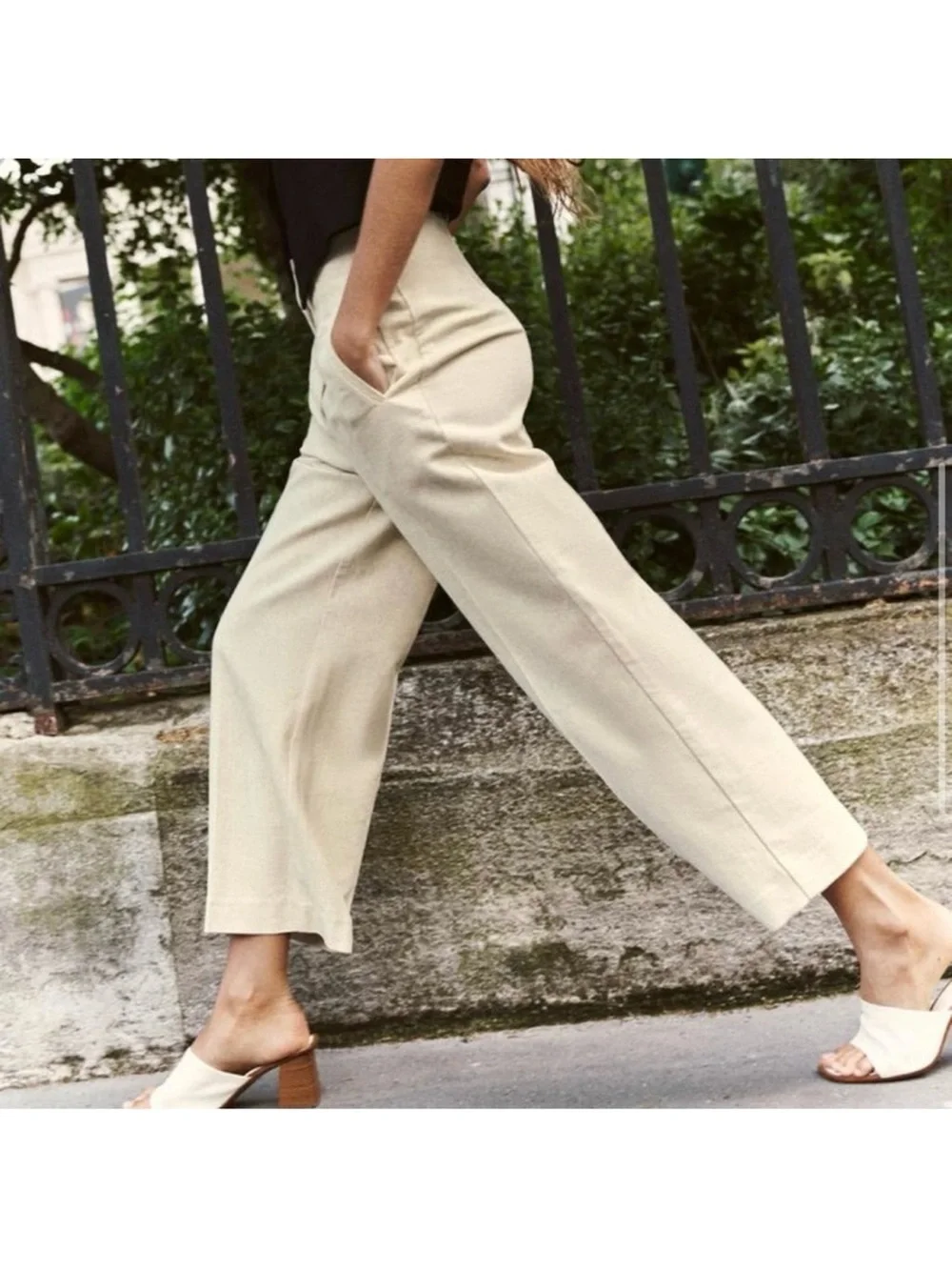 Zara Oatmeal Linen Blend Cropped Wide Leg Pants Size Medium Coastal Grandma